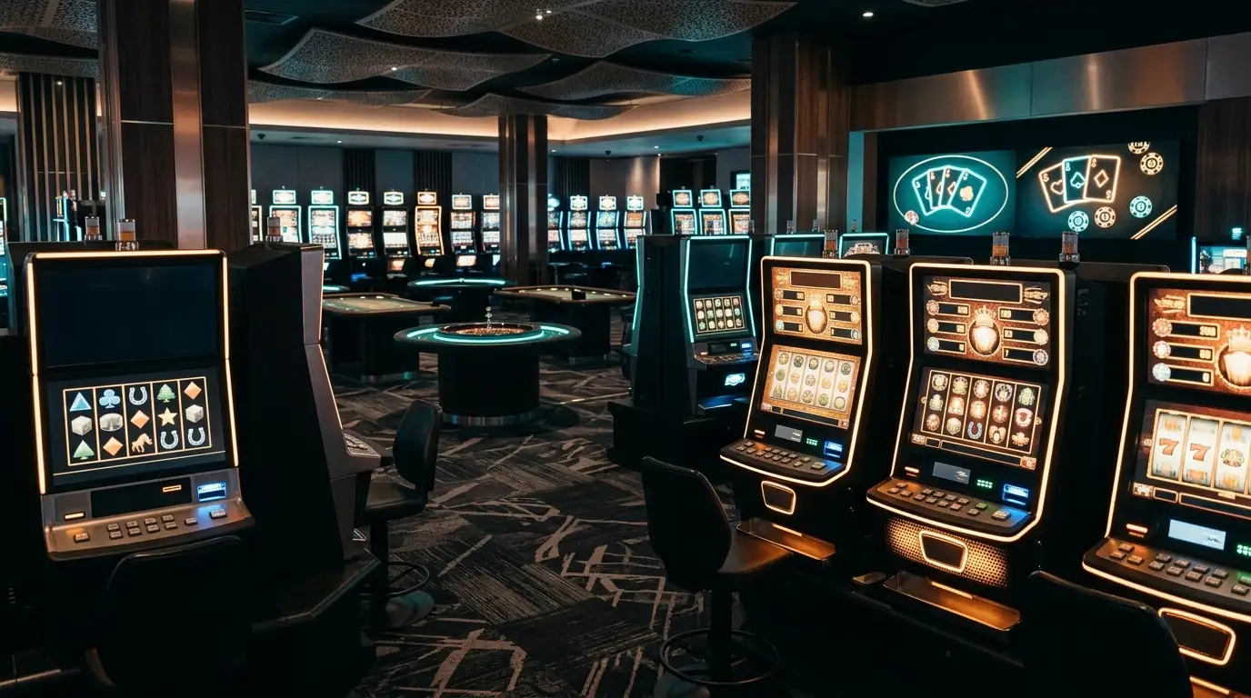 Illustration of a generic Australian pokies floor with reel machines and table game motifs