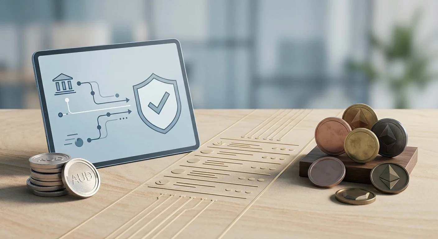 Illustration of Australian dollar banking, bank transfer and cryptocurrency payment concepts
