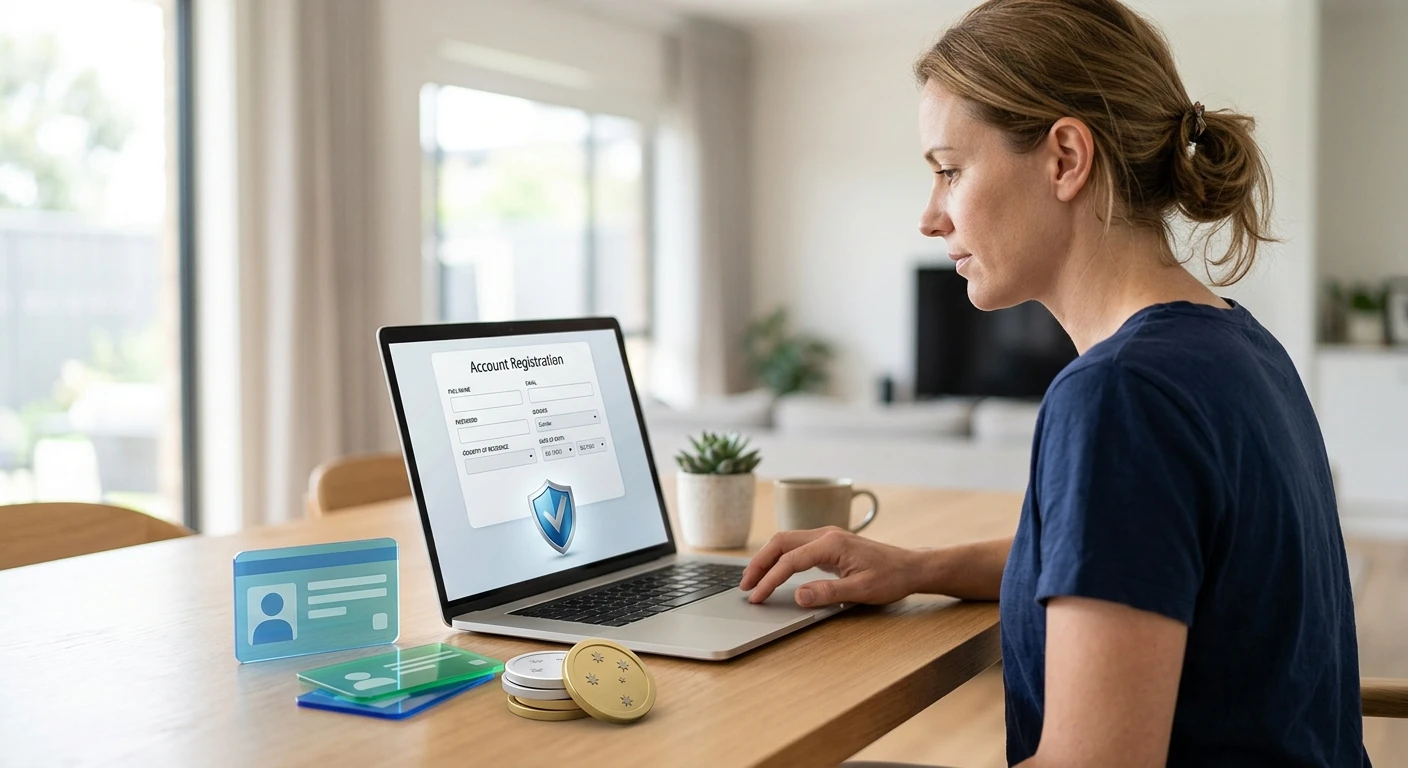 Generic account registration and identity-verification illustration with an AUD setting and security shield, without real documents or brand interface