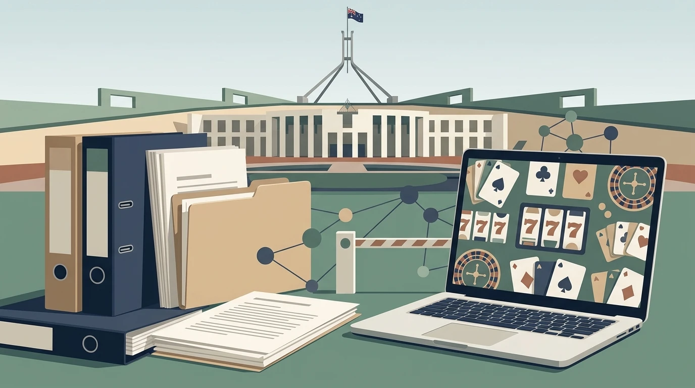 Editorial illustration of Australian parliament, regulatory documents and generic online casino symbols