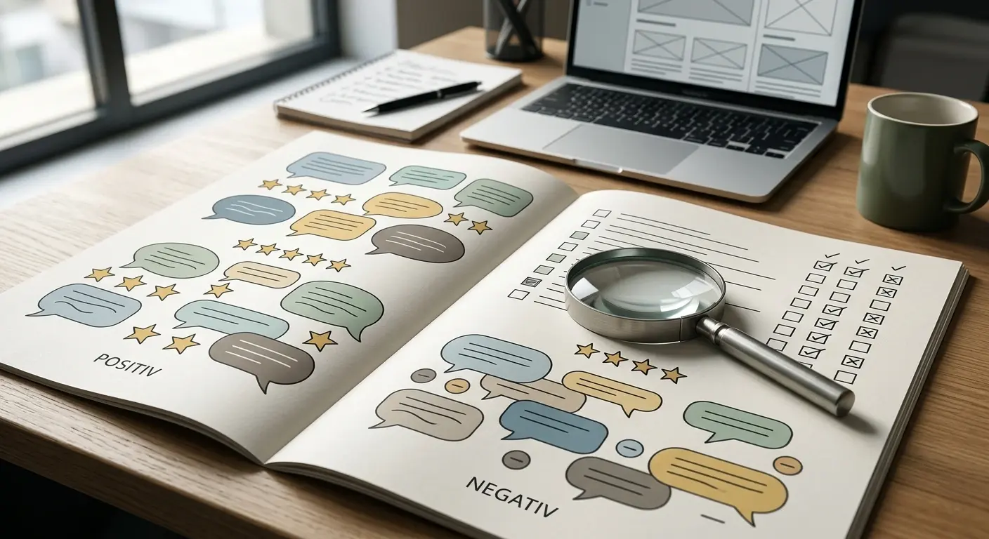 Neutral editorial illustration of review comments, rating symbols and an evidence checklist