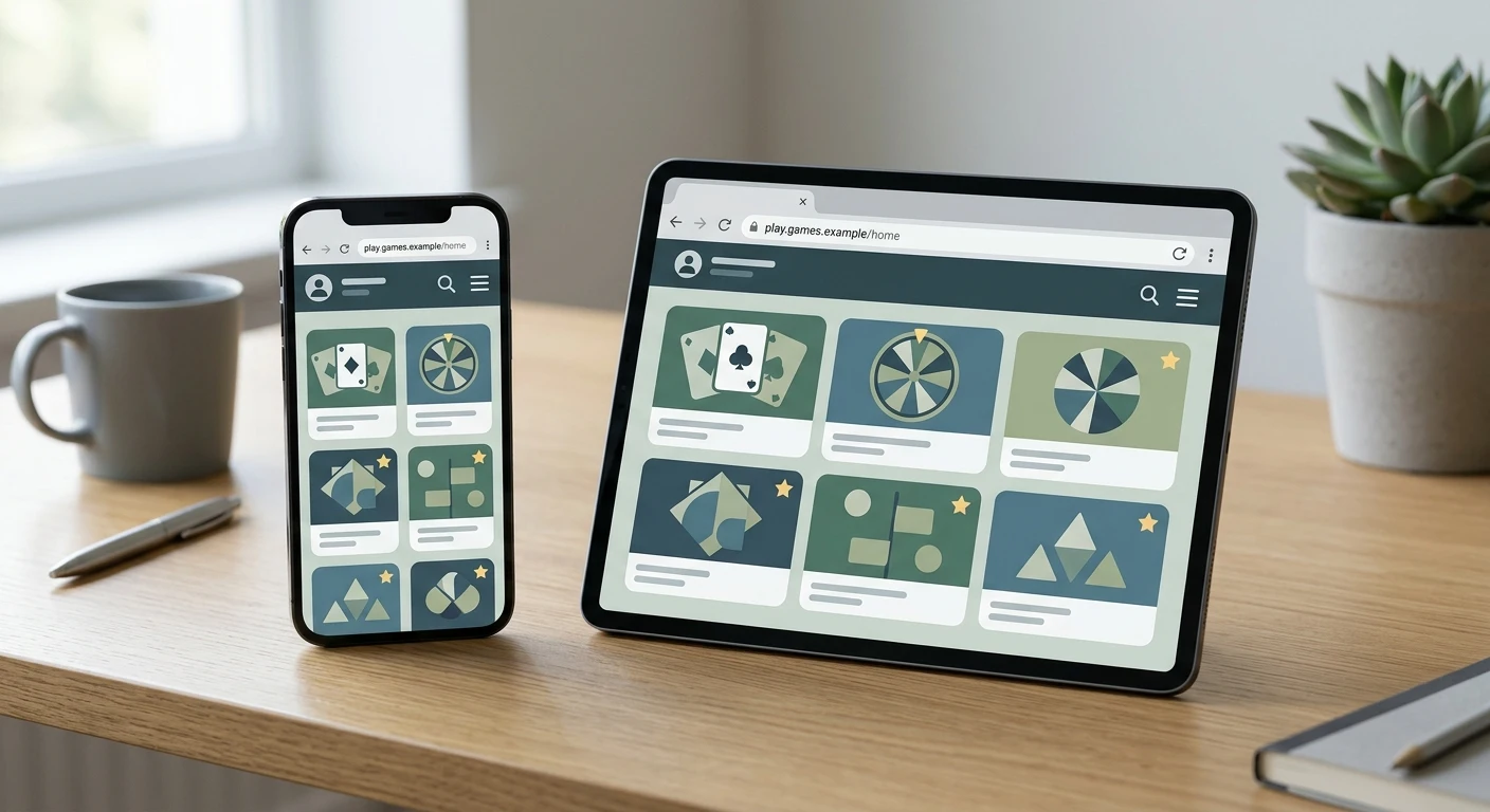 Generic smartphone and tablet displaying a browser-based casino layout without brand logos or app-store badges