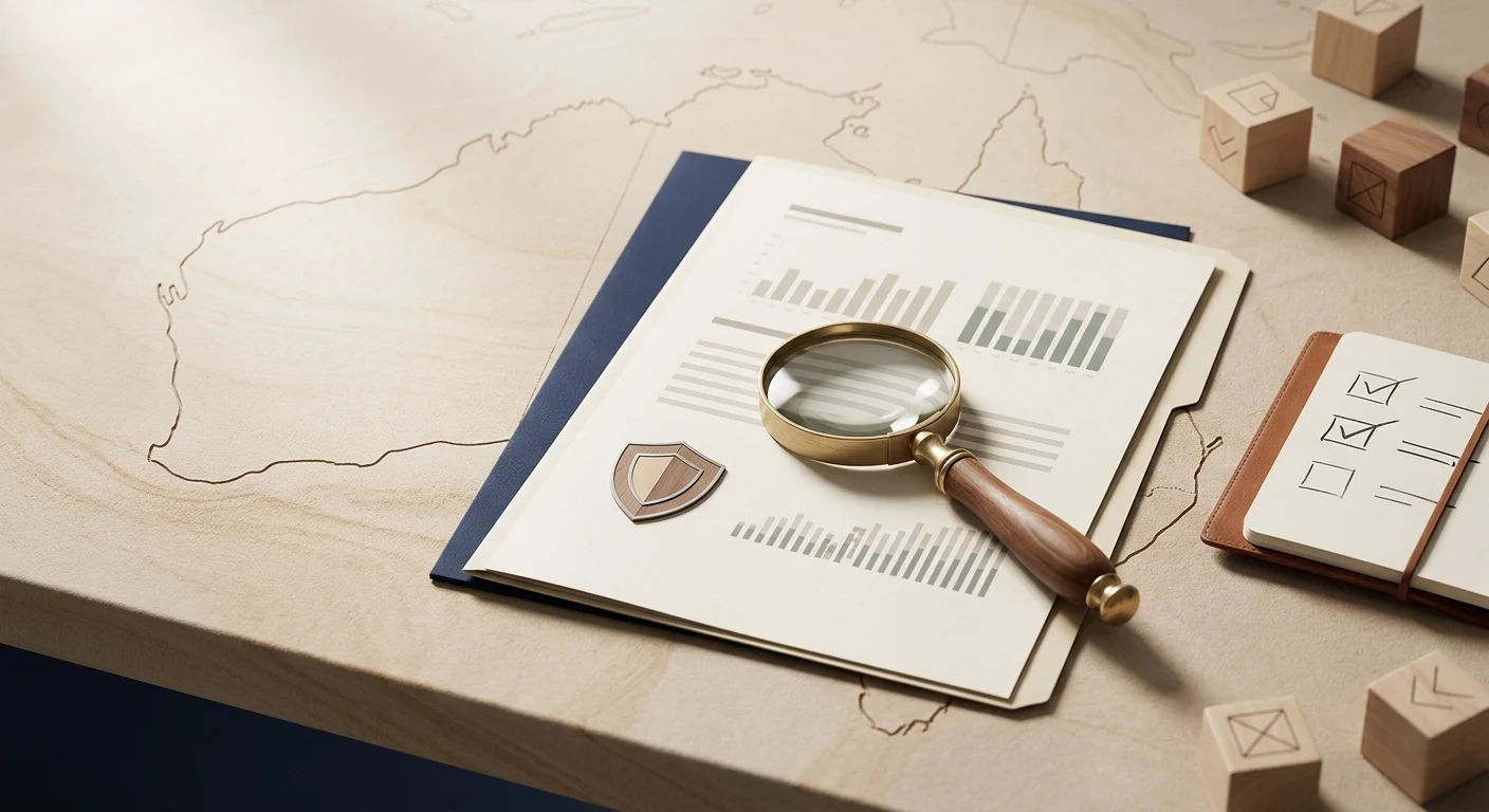 Editorial illustration of Australian gambling regulation, document checking and trust verification